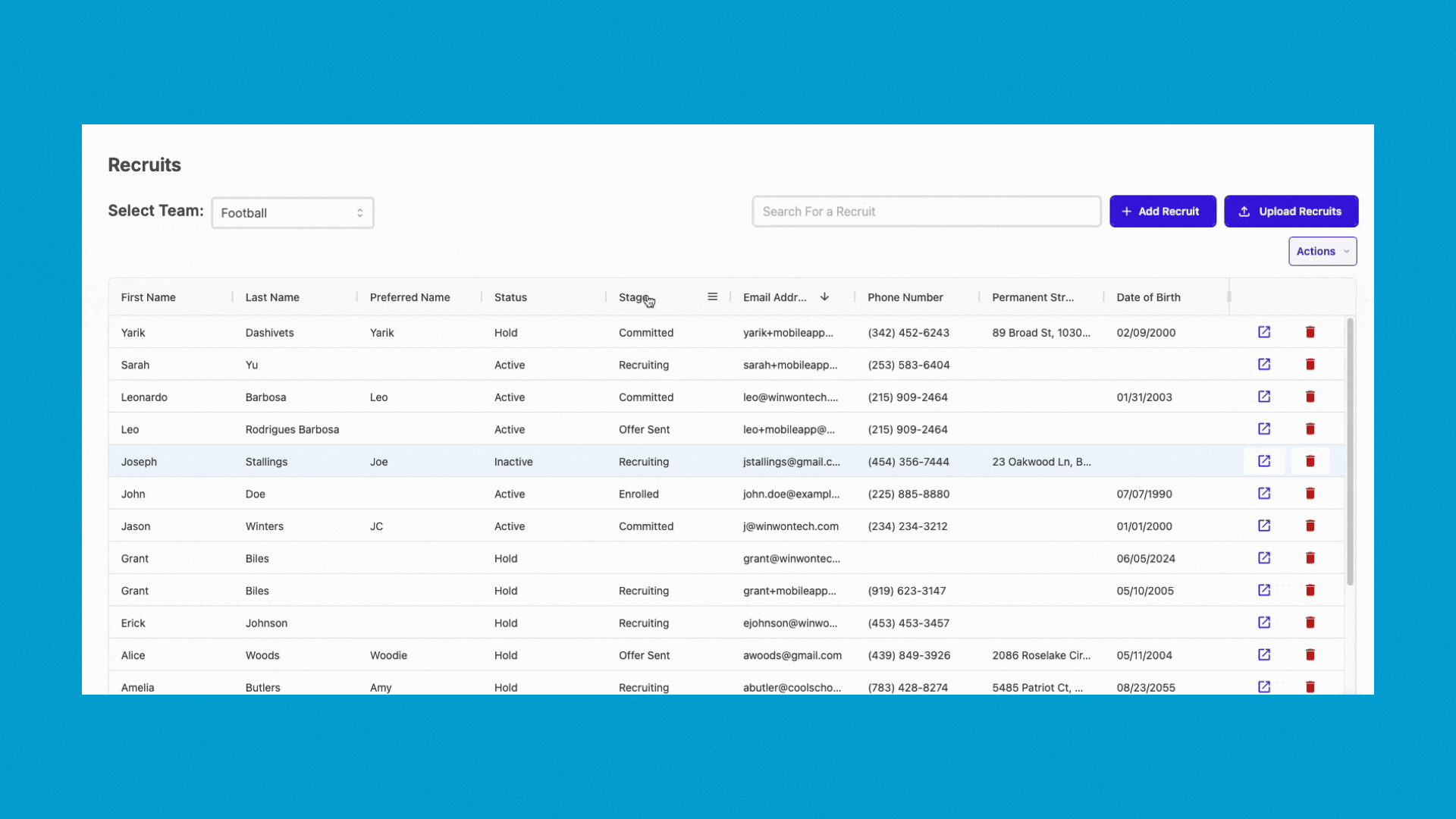 Recruit Table (Sort and Filter)
